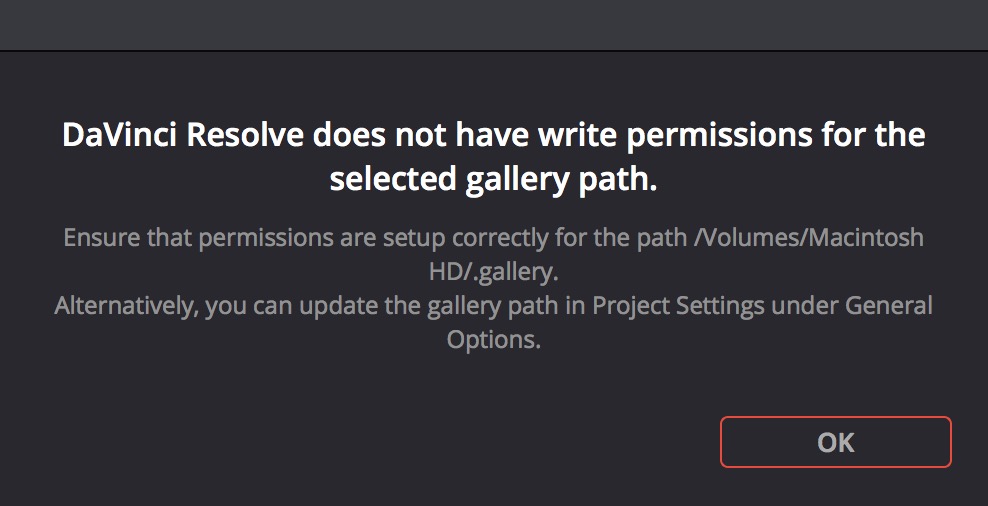 DaVinci Resolve does not have write permissions for the selected gallery path
