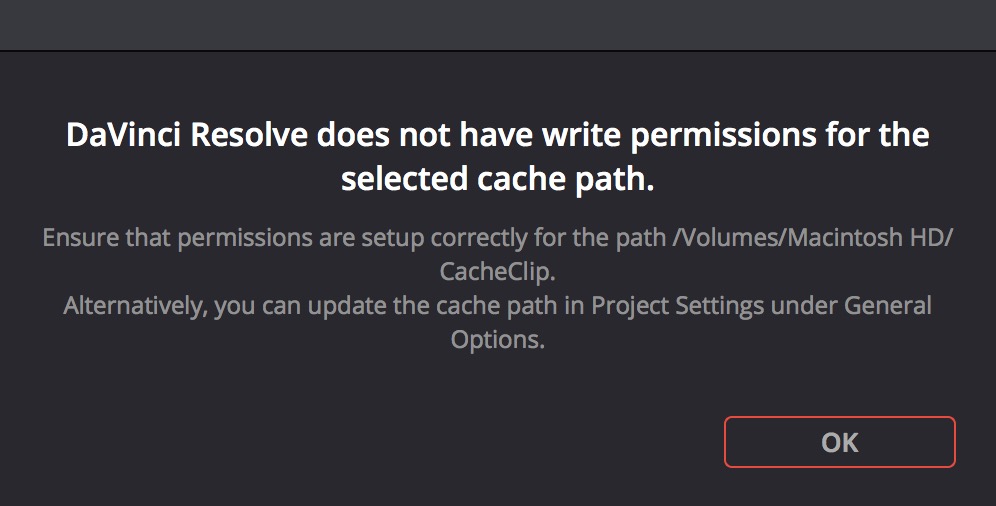DaVinci Resolve does not have write permissions for the selected cache path