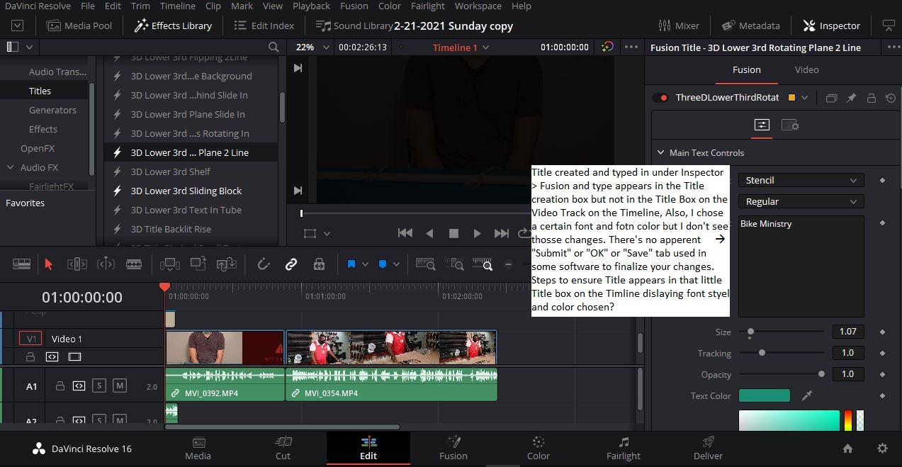 3-15-21 - Create Lower Third Title in Inspector - Titles - Title typed in box not seen.JPG