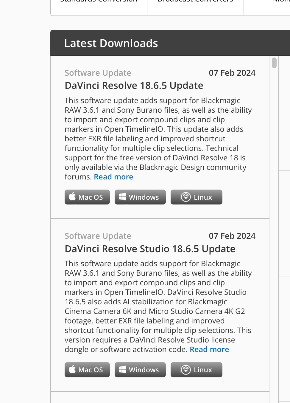 DaVinci support page links.png